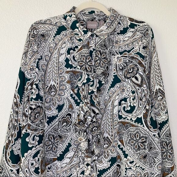 Chico’s Size Large Paisley Ruffled Front Button Down Top - Picture 2 of 11